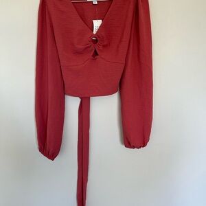 Chic Red Long Sleeve Blouse with Knot Detail